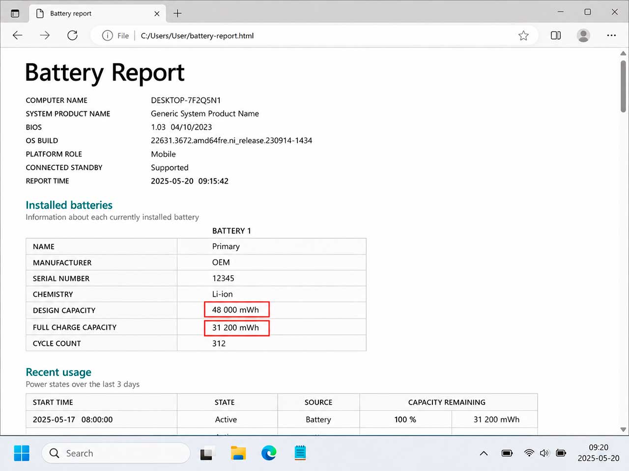 Battery Report Windows з параметрами Design Capacity та Full Charge Capacity для перевірки зносу акумулятора