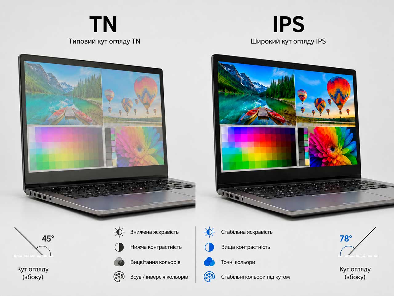 Порівняння кутів огляду матриць TN та IPS на двох ноутбуках під однаковим кутом