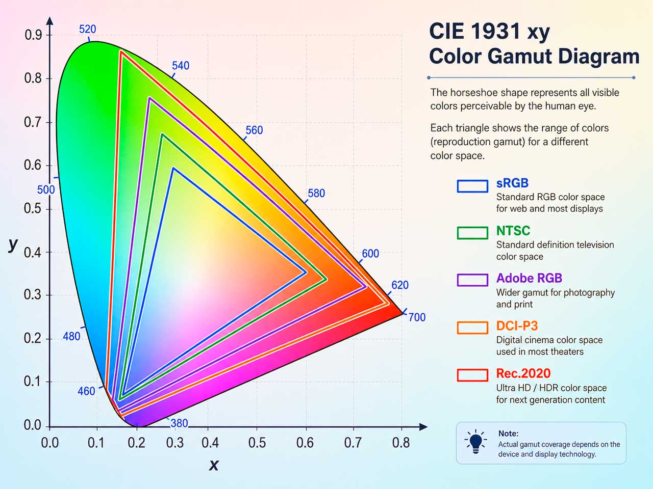 Сравнение цветовых охватов sRGB, NTSC, Adobe RGB, DCI-P3 и Rec.2020 на диаграмме
