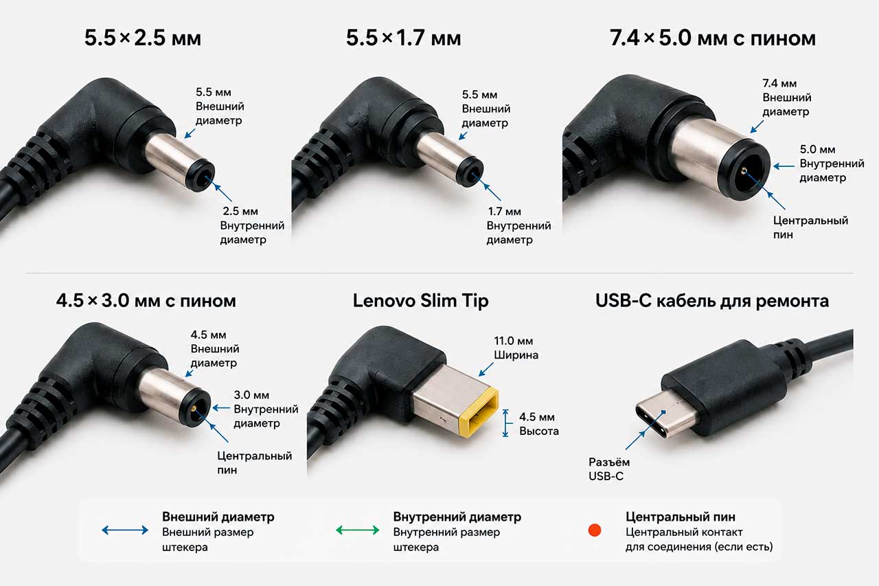 Типы штекеров DC кабеля ноутбука: 5.5×2.5, 5.5×1.7, 7.4×5.0 pin, 4.5×3.0 pin и Lenovo Slim Tip