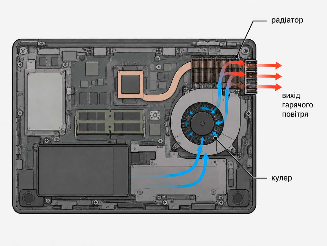 Схема повітряного потоку системи охолодження ноутбука Asus